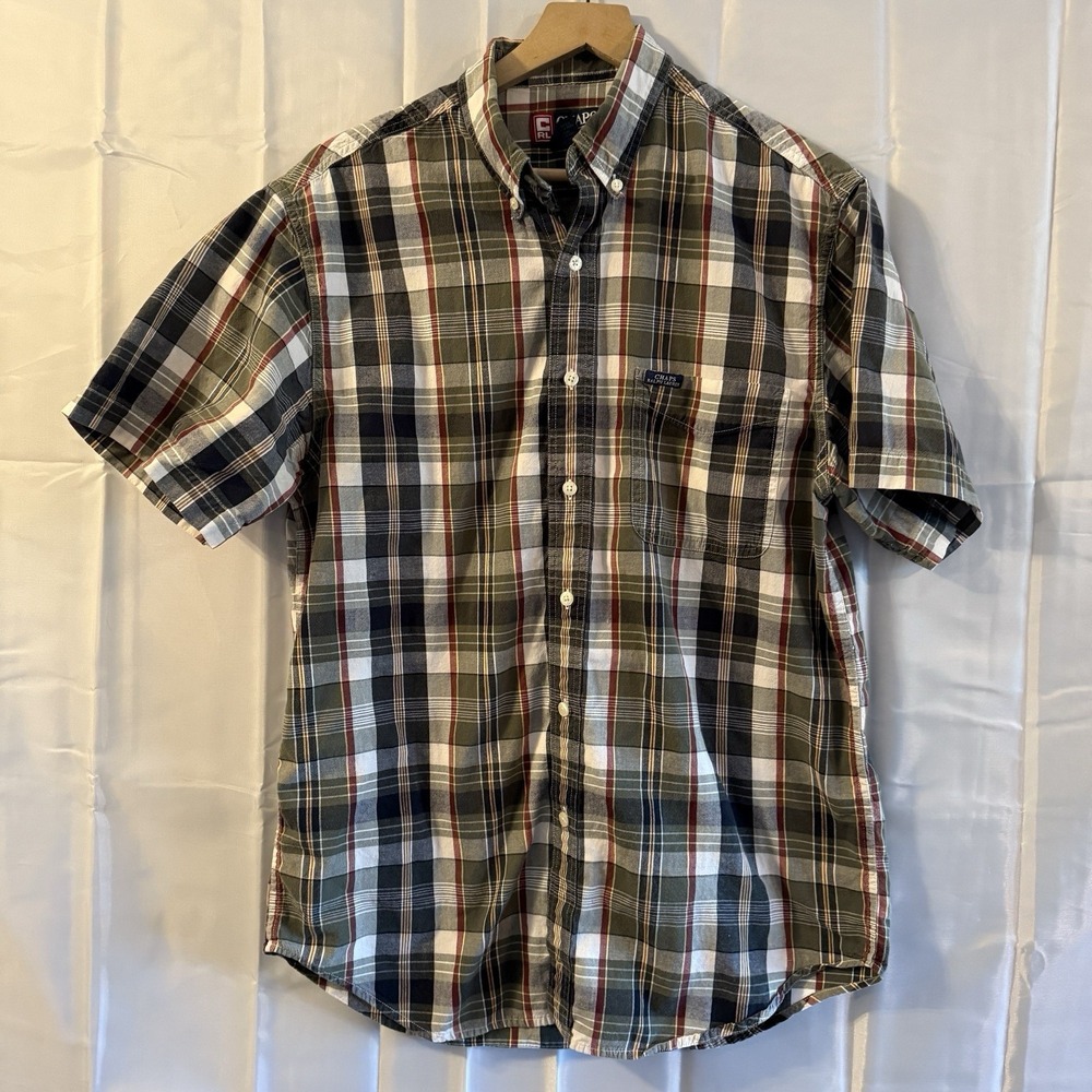 Vintage Chaps Ralph Lauren Polo Shirt Men M Olive Green Blue Plaid Short Sleeve